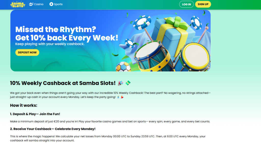 Nové české online casino Samba Slots a jeho nabídka cashbacku