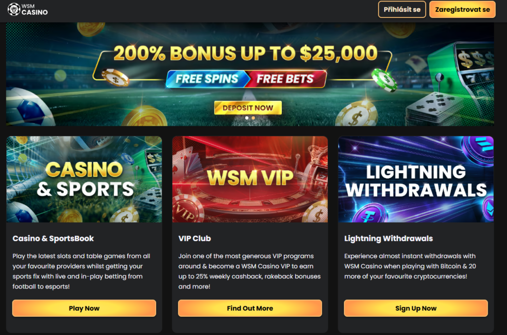 Nové české online casino WSM Casino – úvodní stránka s bonusy