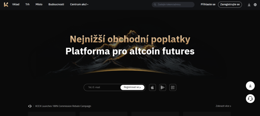 Burza bez KYC KCEX – úvodní stránka