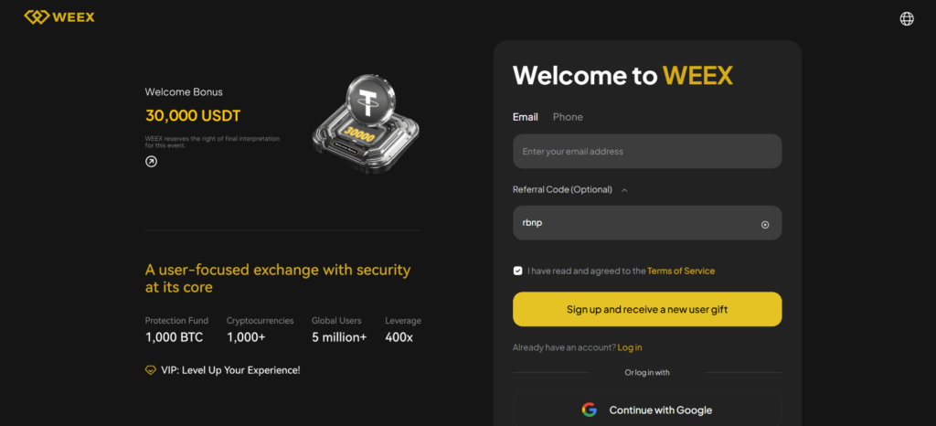 Burza bez KYC WEEX – hlavní stránka