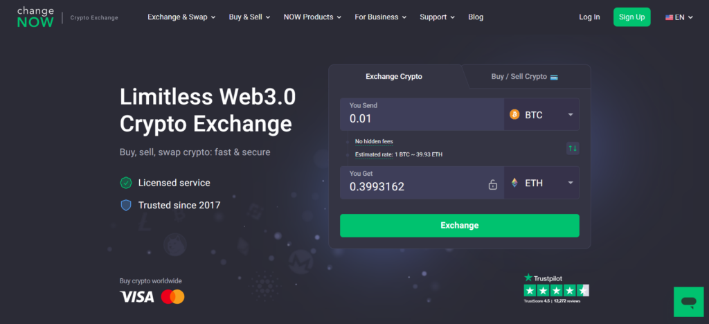 Burza bez KYC ChangeNOW – úvodní stránka
