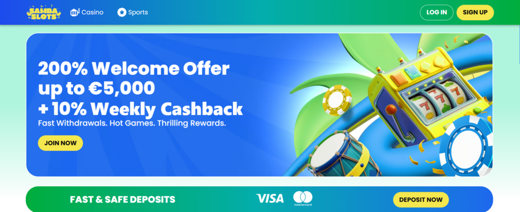 Casino bonus a úvodní stránka casina Samba Slots