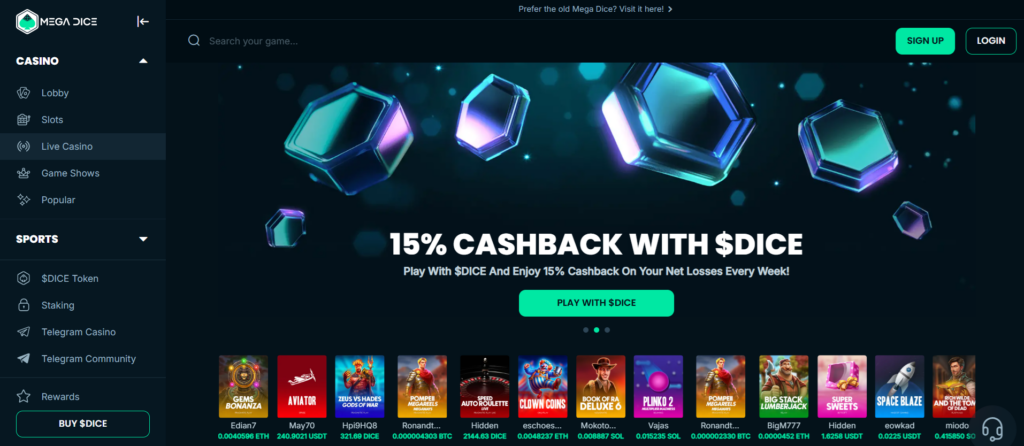 Casino bonus a úvodní stránka Mega Dice casina