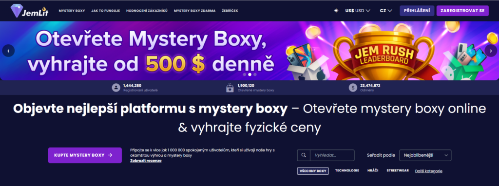 Úvodní stránka platformy Jemlit z naší mystery box recenze