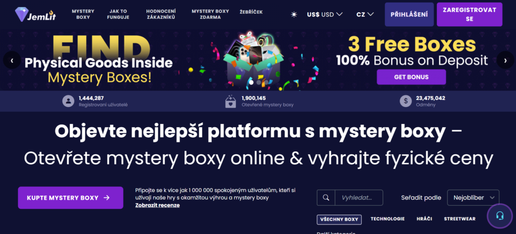 Oficiální web platformy Jemlit z naší mystery box recenze.
