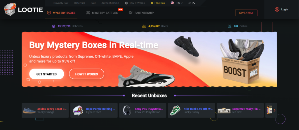 Oficiální web platformy Lootie z naší mystery box recenze