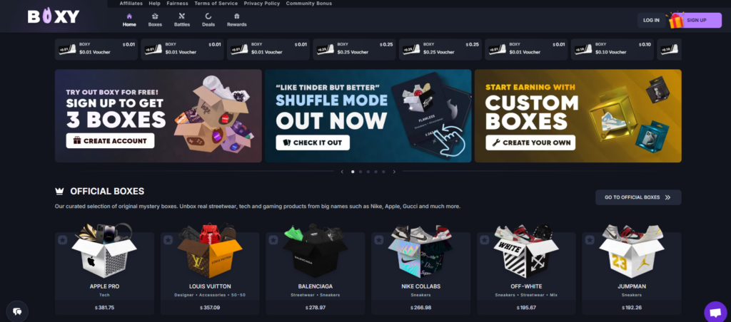 Oficiální web platformy Boxy.gg z naší mystery box recenze