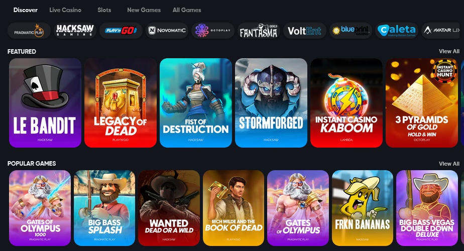 nabídka her v Instant Casinu