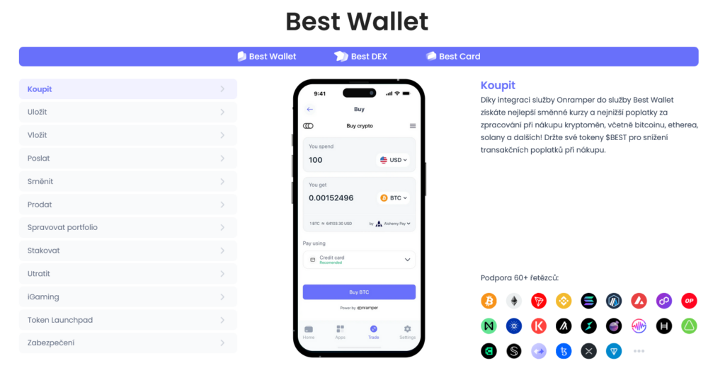 Příklad populární a miliony uživatelů využívané krypto peněženky Best Wallet. Jedná se o softwarovou non-costudial peněženku.