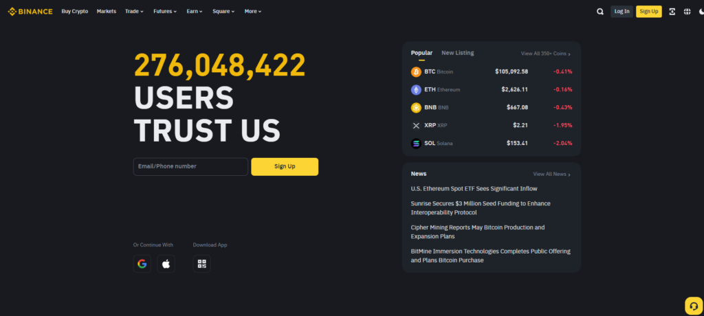 Hlavní stránka burzy Binance