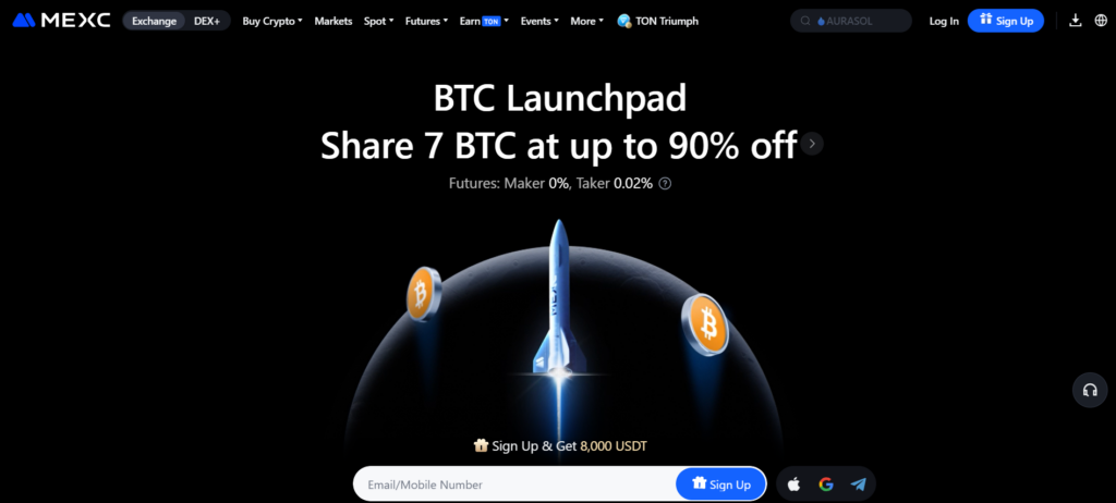 Stránky Krypto burzy MEXC, umožňuje obchodovat na finanční páku (leverage)