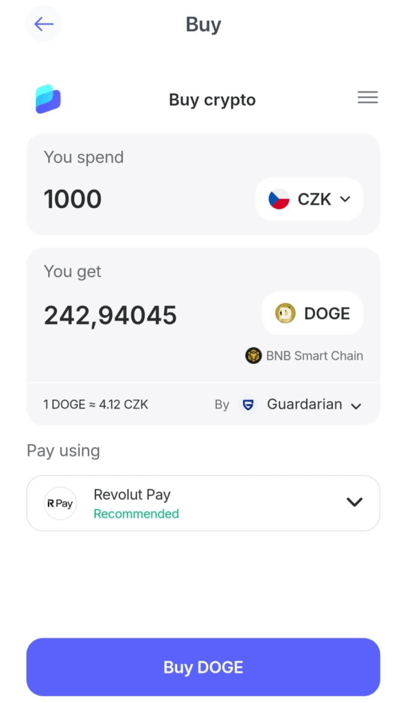 Dokončení nákupu Dogecoin v Best Wallet