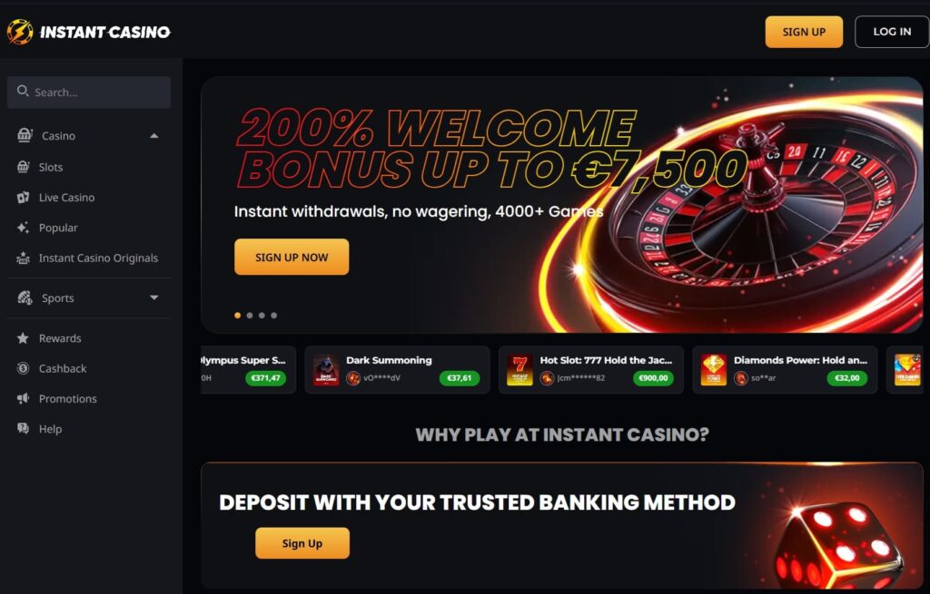 Úvodní stránka webu Instant Casino