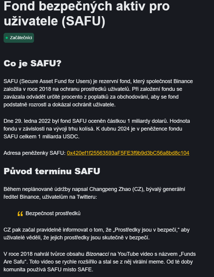 Vysvětlení pojmu SAFU na Binance Academy
