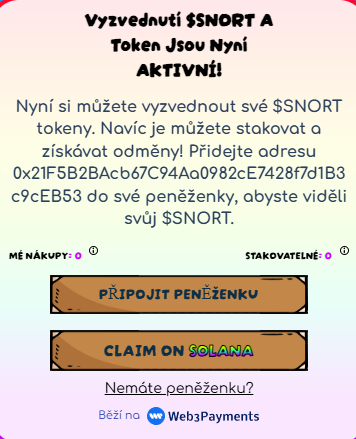 Claim Snort tokenu na stránce