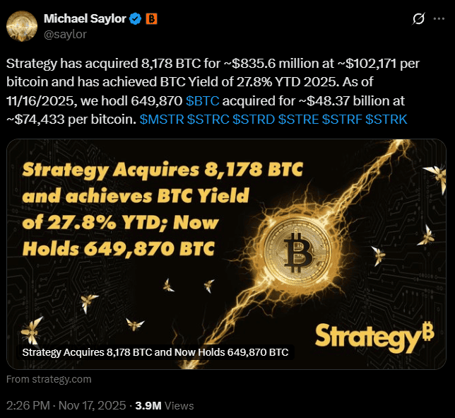 Nákup bitcoinu k 16. listopadu 2025 - Microstrategy