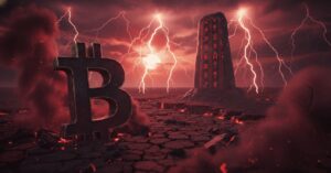 Spadne bitcoin pod 80 000 $ Kolik bude stát bitcoin v roce 2026 - obrázek bitcoinu v suché poušti a bouřce Listopad 2025