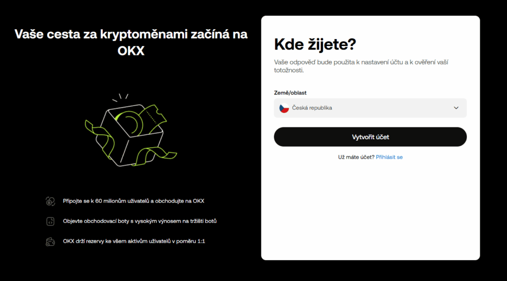 Vstupní stránka OKX pro registraci