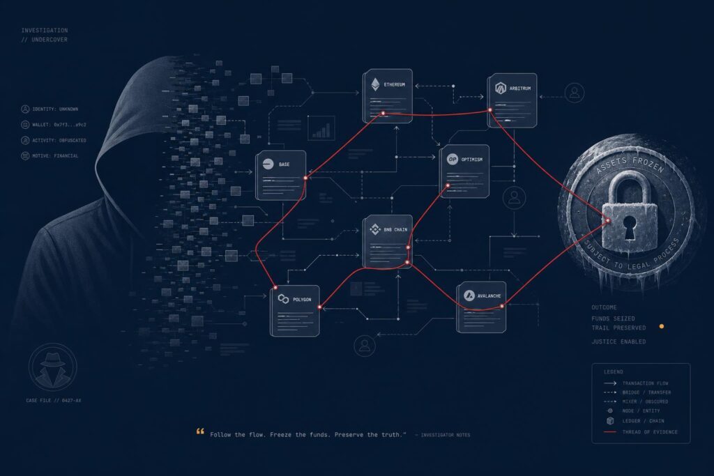 Abstrakte Illustration einer verdeckten On-Chain-Ermittlung: Netzwerkknoten, Blockchain-Blöcke und ein Pfferd durch ein Sperrsymbol