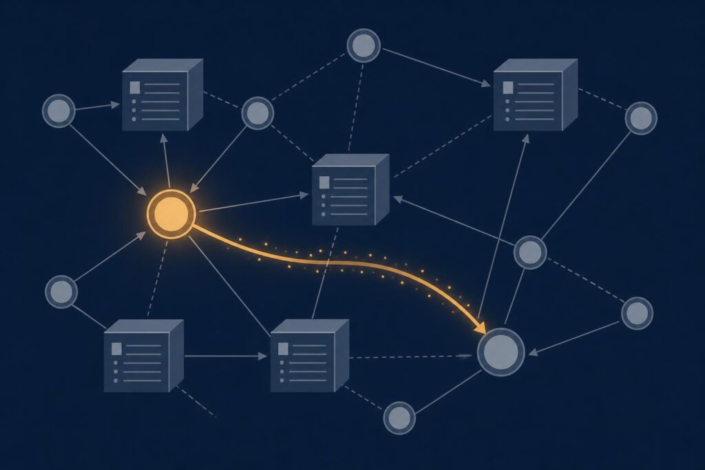 Abstrakte Datenillustration: Netzwerkknoten und Blöcke, ein Knoten leitet Wert über Pfeile ab