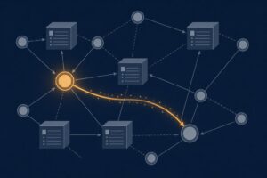 Abstrakte Datenillustration: Netzwerkknoten und Blöcke, ein Knoten leitet Wert über Pfeile ab
