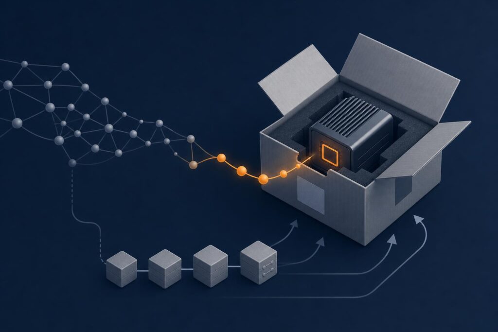 Illustration einer geöffneten Lieferung mit abstraktem Hardware-Gerät und Netzwerkknoten