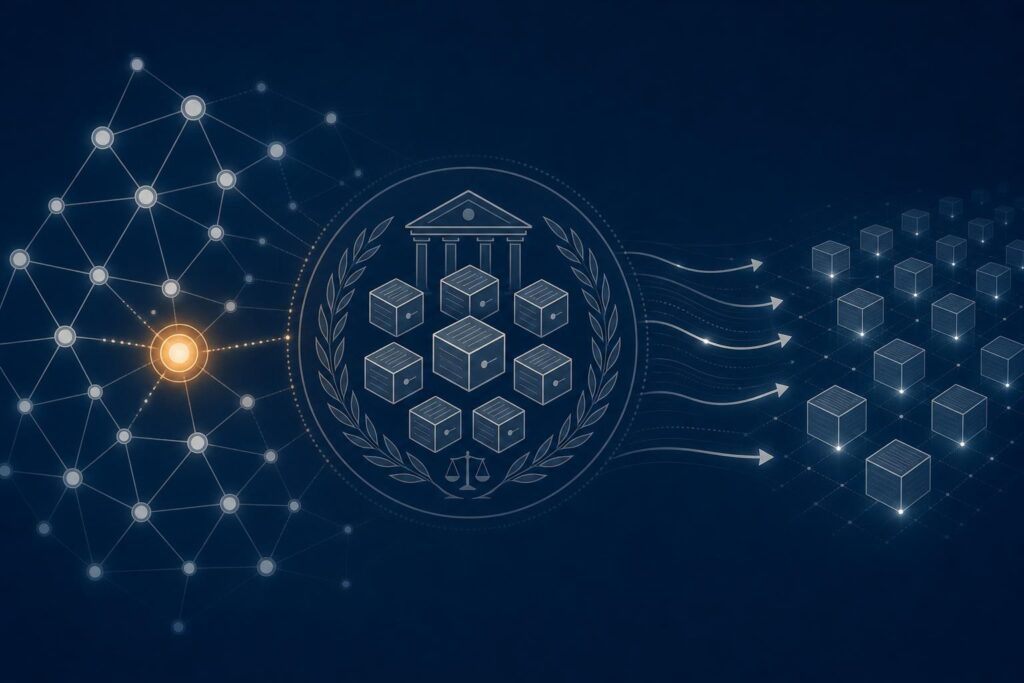Abstrakte Illustration eines regulierten Stablecoin-Netzwerks: verbundene Knoten und Ledger-Blöcke auf dunkelblauem Grund mit einem warmen Akzentknoten