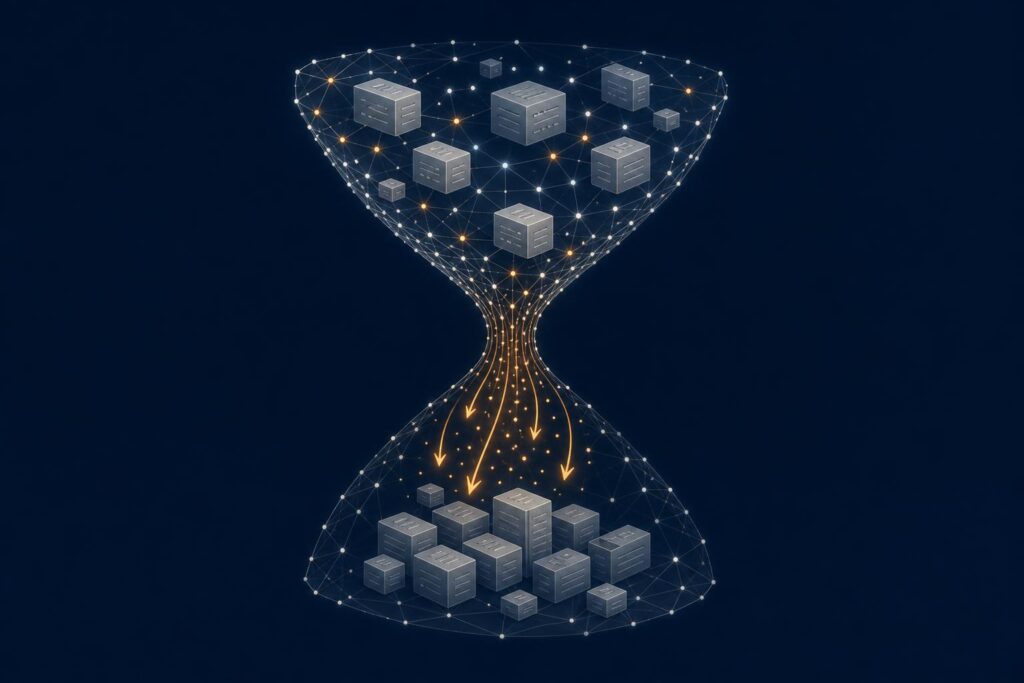 Abstrakte Illustration einer Sanduhr aus Netzwerkknoten und Ledger-Blöcken, Symbol für eine Auslauffrist