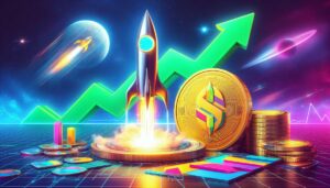 coin named 'solana' rising to new heights like a rocket with bright colors and a big green chart lin