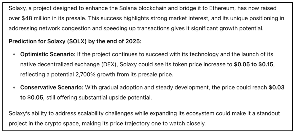 ChatGPT predicts Solaxy 2,700% growth potential