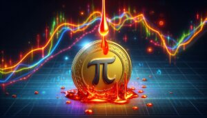 coin named Pi with bright colors dropping and a red chart line in the background flashing