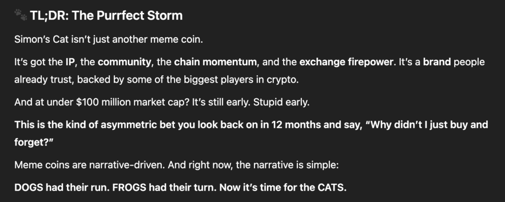 ChatGPT's price prediction for Simon's Cat