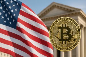 United states flag and Bitcoin (BTC) token