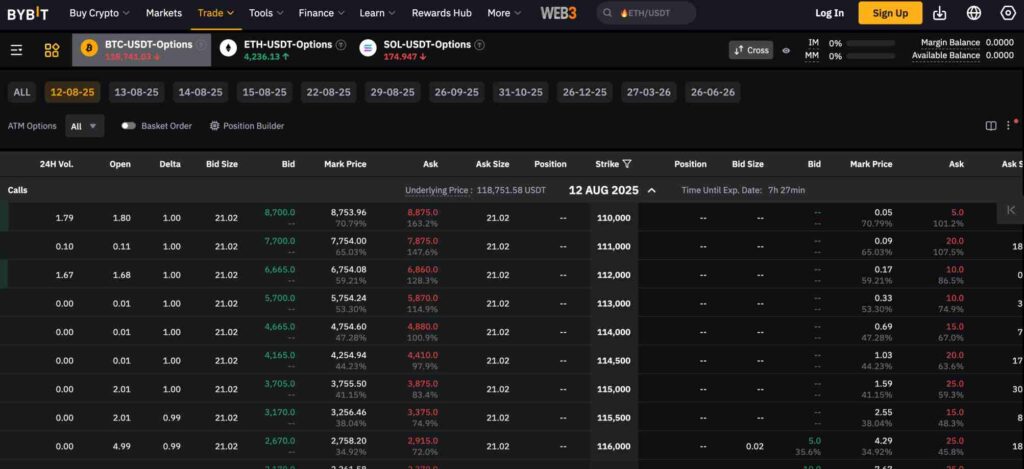 Bybit crypto options chain for BTC