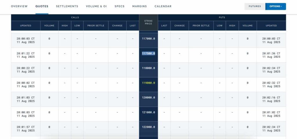 CME Group Bitcoin options quotes