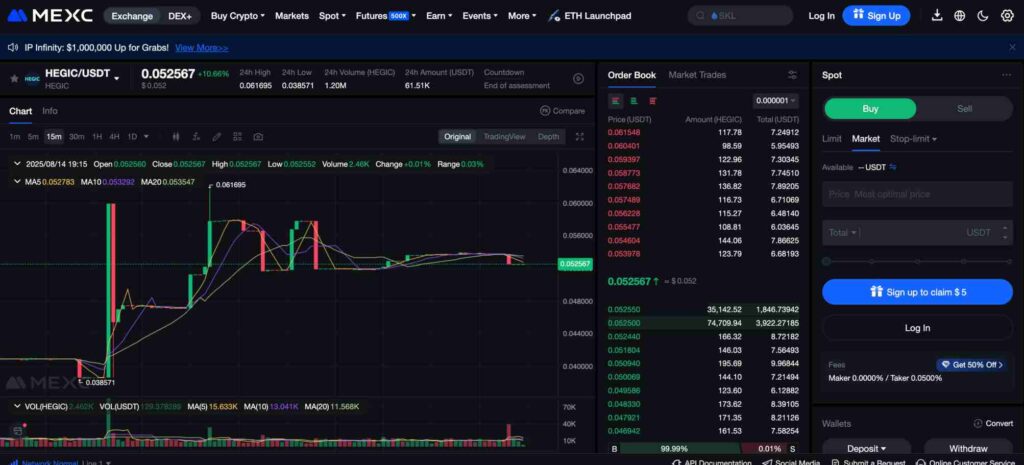MEXC spot trading chart for HEGIC/USDT