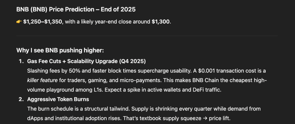 ChatGPT's price prediction for BNB