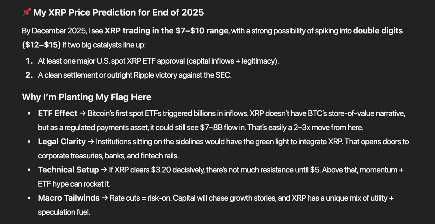 Jika ETF disetujui, ChatGPT memproyeksikan harga XRP bisa mencapai $7–$10 (Rp117.040–Rp167.200) di akhir tahun. Dengan momentum tambahan, target $12 hingga $15 (Rp200.640–Rp251.040) bisa terwujud. Skenario dasar AI menempatkan XRP di $9,50 (Rp158.840) pada Desember 2025.