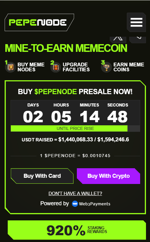 pepenode purchase page with countdown timer and token price