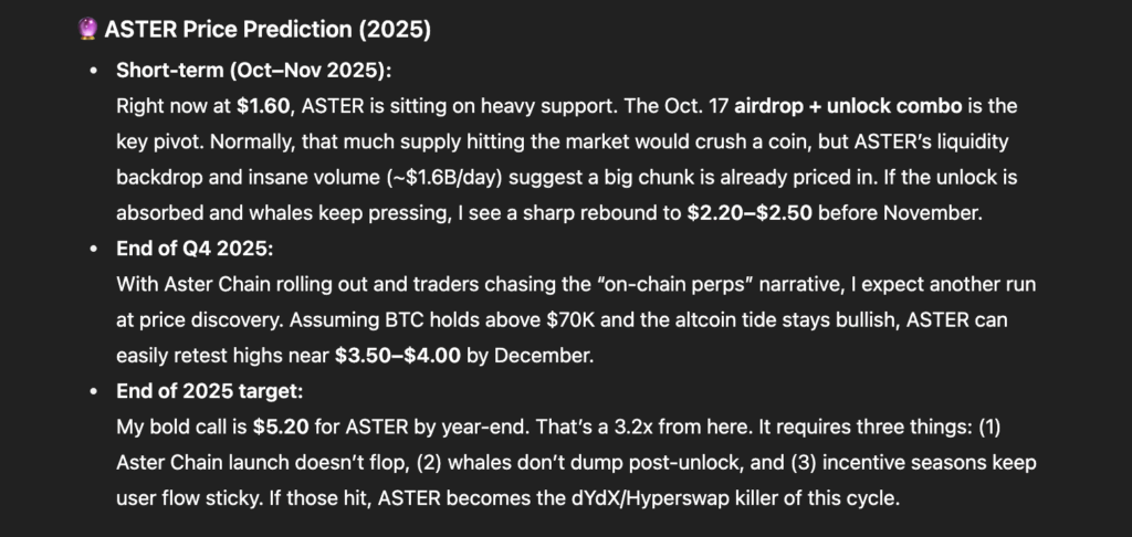 ChatGPT's price forecast for Aster