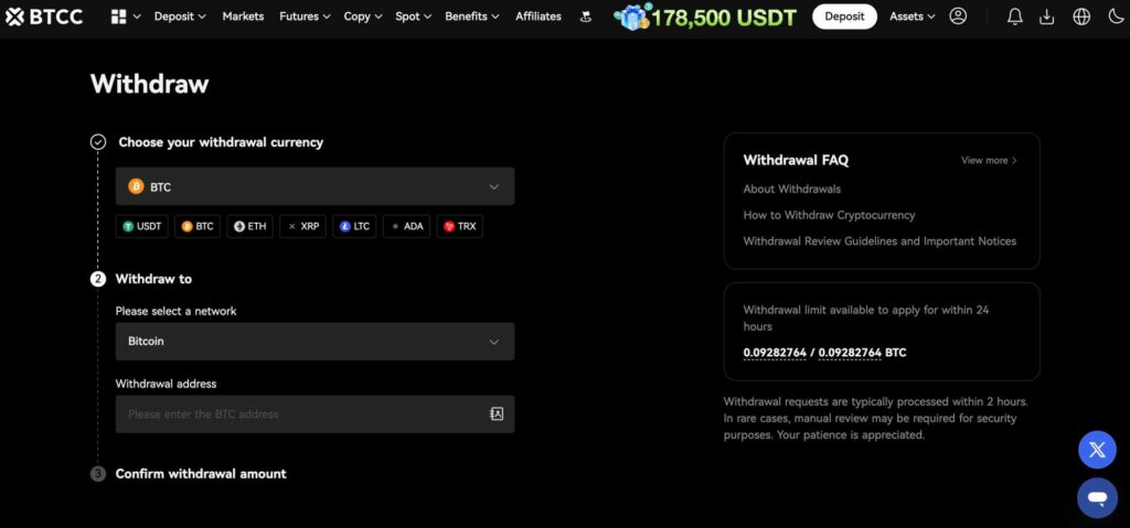 BTCC how to withdraw crypto