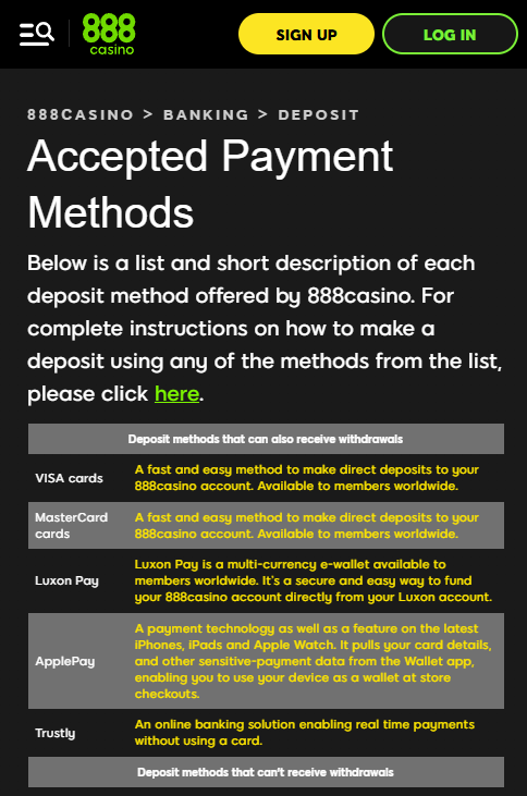 accepted payment methods at 888casino