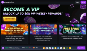 CoinCasino review of the homepage showing the VIP weekly rewards, up to $100K in rewards, and instant deposits & withdrawals.