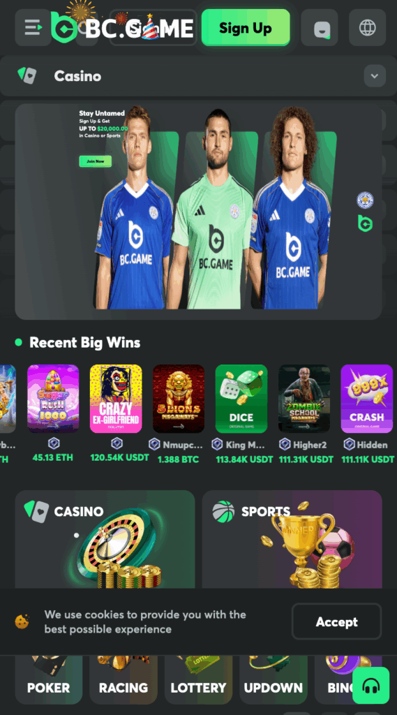 BC.Game banner showing a $20k bonus and sports betting options for football and basketball.