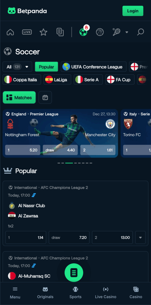 Betpanda review of soccer betting interface with Premier League and Champions League odds.