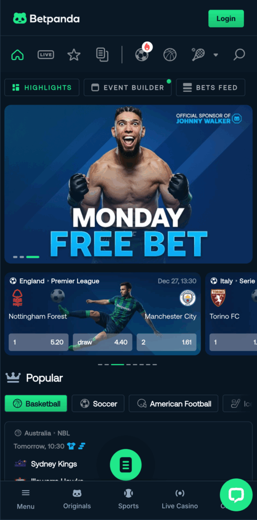 Betpanda review showing Monday free bet sports betting promotions and live wagering dashboard.
