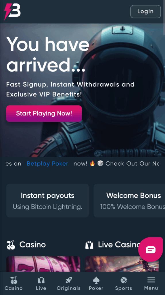 Betplay crypto casino Australia front page showing fast sign up, instant withdrawals and VIP benefits.