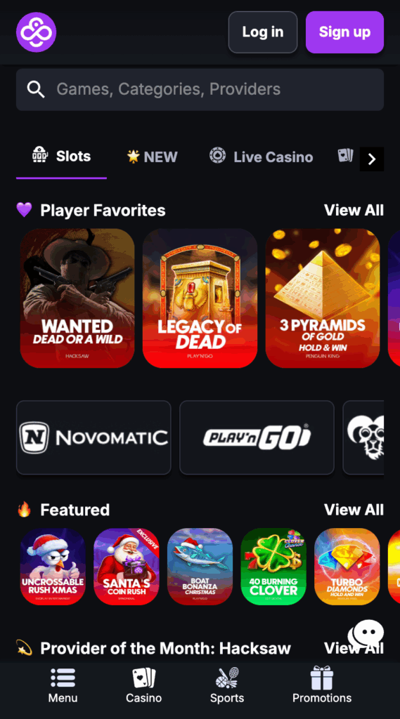 A coincasino review of the casino page, featuring Player Favorites slots like Wanted Dead or a Wild and Legacy of Dead.