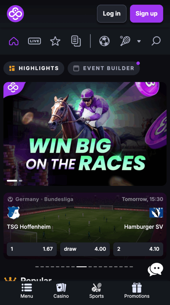 A coincasino review image of the Sports betting interface on mobile, showing a horse racing ad and a Bundesliga match.