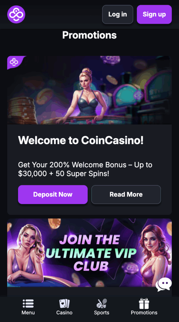 A coincasino review of the promotions page, highlighting the 200% Welcome Bonus up to $30,000 + 50 Super Spins and VIP Club.